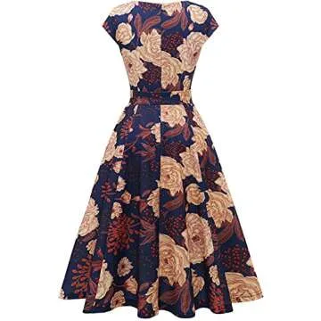 DRESSTELLS Cocktail Dress, Formal Wedding Guest Floral Dresses for Women, Modest Tea Party Prom Church Mother Bride Dress Navy Yellow Flower S