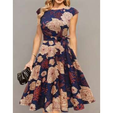 DRESSTELLS Cocktail Dress, Formal Wedding Guest Floral Dresses for Women, Modest Tea Party Prom Church Mother Bride Dress Navy Yellow Flower S