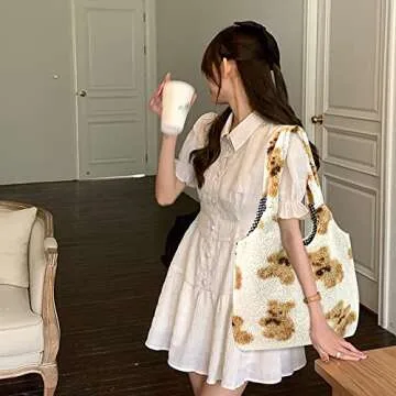 Women Ladies Cute Bear Plush Shoulder Bag Large Tote Handbag Purse Faux Fur Shopping Dating Bag