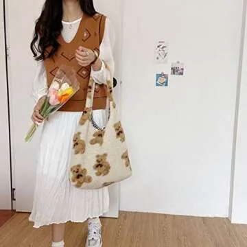 Women Ladies Cute Bear Plush Shoulder Bag Large Tote Handbag Purse Faux Fur Shopping Dating Bag