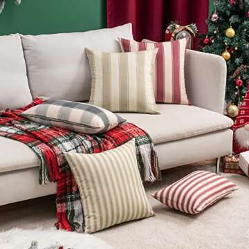 MIULEE Pack of 4 Decorative Farmhouse Throw Pillow Covers Buffalo Check Stripe Pillowcases Linen Cushion Case for Couch Sofa Bedroom, 20 x 20 Inch, Beige