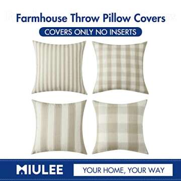 MIULEE Pack of 4 Decorative Farmhouse Throw Pillow Covers Buffalo Check Stripe Pillowcases Linen Cushion Case for Couch Sofa Bedroom, 20 x 20 Inch, Beige