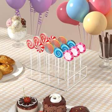 2 Pack Cake Pop Stand with Sticks Kit, Acrylic Lollipop Hold Stand, Clear Cake Pop Display Holder, 15 Holes Candy Pop Holder with 100 Pcs Sticks, 100 Pcs Clear Wrappers, 100 Pcs Gold Twist Ties