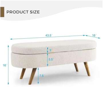 43.5" Linen Storage Ottoman Bench for Bedroom,Living Room,Entryway,Storage Bench for Bedroom End of Bed,Oval Upholstered Bench Large Ottoman Foot Rest with Storage,Padded Seating Wood Legs Beige