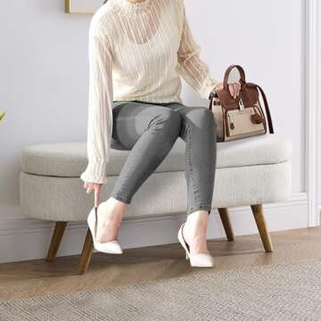 43.5" Linen Storage Ottoman Bench for Bedroom,Living Room,Entryway,Storage Bench for Bedroom End of Bed,Oval Upholstered Bench Large Ottoman Foot Rest with Storage,Padded Seating Wood Legs Beige
