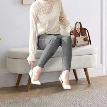 43.5" Linen Storage Ottoman Bench for Bedroom,Living Room,Entryway,Storage Bench for Bedroom End of Bed,Oval Upholstered Bench Large Ottoman Foot Rest with Storage,Padded Seating Wood Legs Beige
