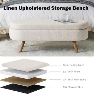 43.5" Linen Storage Ottoman Bench for Bedroom,Living Room,Entryway,Storage Bench for Bedroom End of Bed,Oval Upholstered Bench Large Ottoman Foot Rest with Storage,Padded Seating Wood Legs Beige