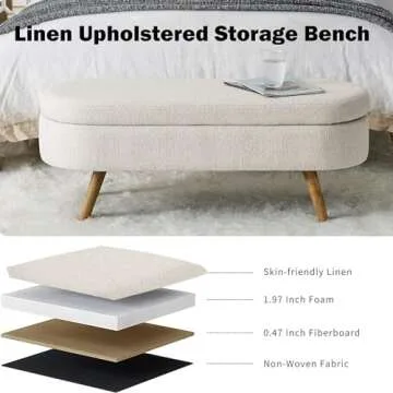 43.5" Linen Storage Ottoman Bench for Bedroom,Living Room,Entryway,Storage Bench for Bedroom End of Bed,Oval Upholstered Bench Large Ottoman Foot Rest with Storage,Padded Seating Wood Legs Beige