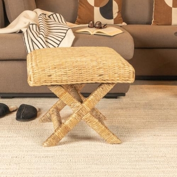 Creative Co-Op Wood & Woven Stool for Tropical Decor