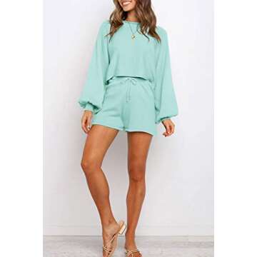 ZESICA Women's Casual Long Sleeve Solid Color Knit Pullover Sweatsuit 2 Piece Short Sweater Outfits Sets,Mint,X-Small
