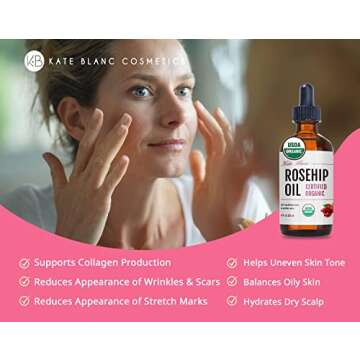 Kate Blanc Cosmetics Rosehip Oil for Face & Skin (4oz, Organic, Pure, Cold Pressed) Rosehip Seed Face Oil for Facial & Gua Sha Massage