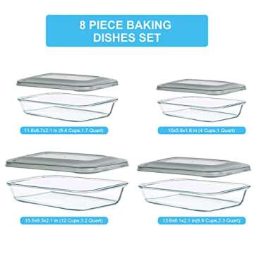 KOMUEE 8 Pieces Glass Baking Dish with Lids Rectangular Glass Baking Pan Bakeware Set with Lids, Baking Pans for Lasagna, Leftovers, Cooking, Kitchen, Fridge-to-Oven, Gray