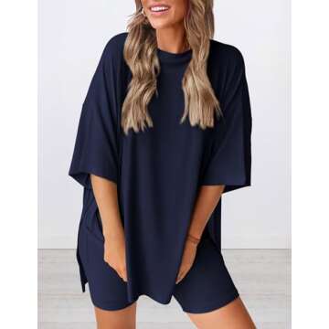 PRETTYGARDEN Women's Two Piece Lounge Set 2025 Summer Casual Oversized Shirts Biker Shorts Matching Airport Travel Outfit (Navy,X-Large)
