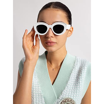AIEYEZO Oversized Cat Eye Sunglasses for Women Cute Oval Thick Frame Cateye Sun Glasses Chic Retro Style Shades (White)