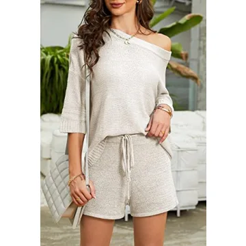Mafulus Women's Off Shoulder Knit Top & Shorts Lounge Set