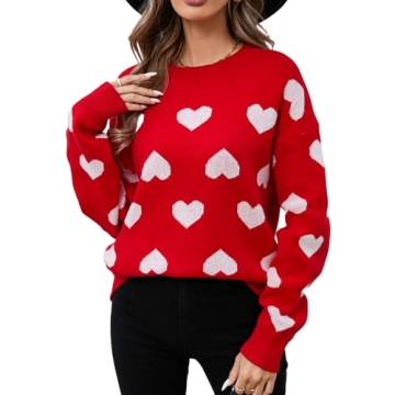 Qmlyev Heart Sweater for Women Valentine's Day Cute Print Crewneck Long Sleeve Oversized Love Sweate...