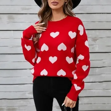 Qmlyev Heart Sweater for Women Valentine's Day Cute Print Crewneck Long Sleeve Oversized Love Sweaters Knit Pullover Tops (Deep Red, M)