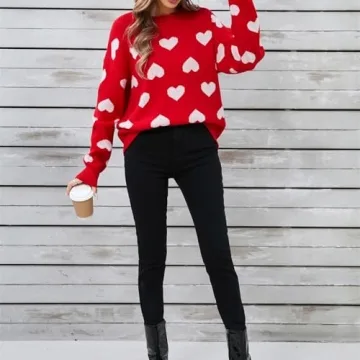 Qmlyev Heart Sweater for Women Valentine's Day Cute Print Crewneck Long Sleeve Oversized Love Sweaters Knit Pullover Tops (Deep Red, M)