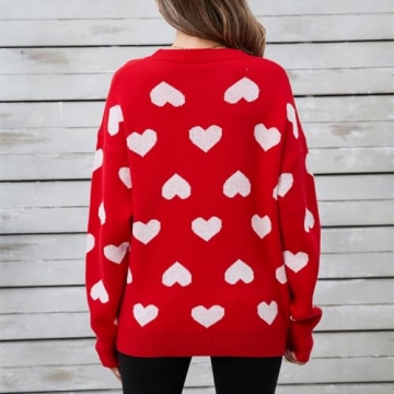 Qmlyev Heart Sweater for Women Valentine's Day Cute Print Crewneck Long Sleeve Oversized Love Sweaters Knit Pullover Tops (Deep Red, M)
