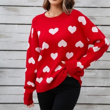 Qmlyev Heart Sweater for Women Valentine's Day Cute Print Crewneck Long Sleeve Oversized Love Sweaters Knit Pullover Tops (Deep Red, M)