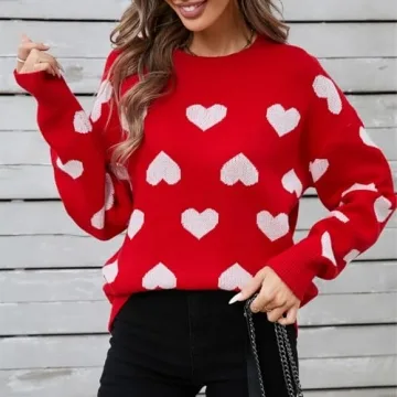 Qmlyev Heart Sweater for Women Valentine's Day Cute Print Crewneck Long Sleeve Oversized Love Sweaters Knit Pullover Tops (Deep Red, M)