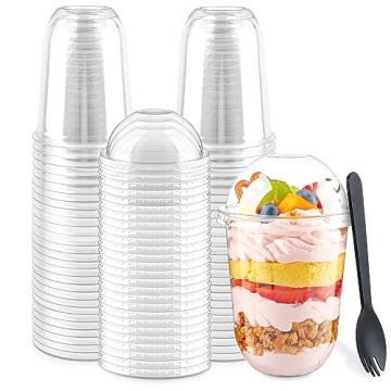 Zezzxu 50 Pack 16 oz Clear Plastic Dessert Cups with Dome Lids and Sporks for Ice Cream, Pudding, an...