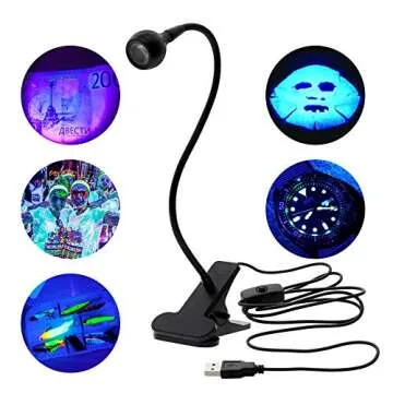 UV USB LED Blacklight Gooseneck Lamp | Uses: Apres Gel x Nail Tips, Detection of Satin, Black Light Fluorescent Paint, UV Gel Nails, and Ultra Violet curing |Clamp Fixtures, and Just Plug & Play| Unas