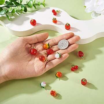 Cheriswelry 16pcs Peach Cherry Apple Tomato Lampwork Glass Pendants Handmade Fruit Dangle Charms Imitation Food Cute Pendants Hang Ornament 14.5~20mm for DIY Earring Jewelry Making
