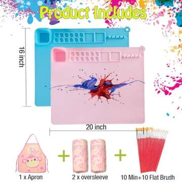 Lymoc Silicone Painting Mat,Painting Stations Kit [1x Apron,1 Pair Oversleeve,20 Pieces Brushes] Craft Silicone Mats 21"X17" with Detachable Cup for Kids Gift,Painting, Clay, DIY Projects