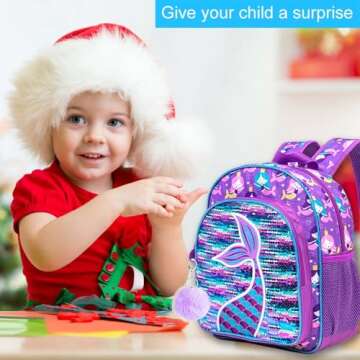 gxtvo Mermaid Backpack for Girls, Toddler Sequin Preschool Bookbag, 12" Cute Cartoon Animal School B...