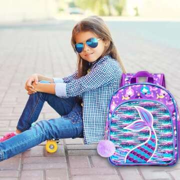 gxtvo Mermaid Backpack for Girls, Toddler Sequin Preschool Bookbag, 12" Cute Cartoon Animal School Bag