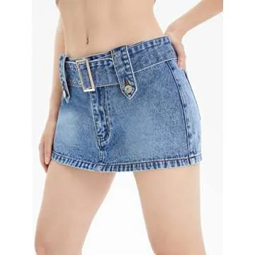 Floerns Women's Casual Buckled Belt Drop Waist Straight Denim Mini Skirt Blue XS