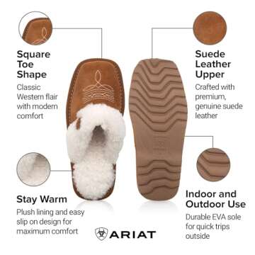 ARIAT Women's Jackie Square Toe Warm Soft Genuine Suede Leather Indoor Outdoor Slippers with Plush C...
