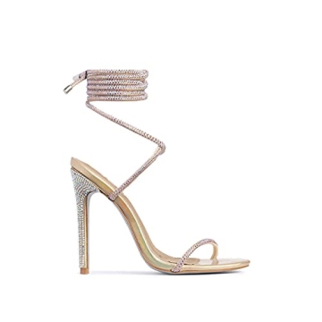 MissHeel Rhinestone Lace Up Gold Heels Strappy High Heels Wrap Up Sandals with Rhinestone Stiletto G...