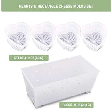 Cheese Molds for Cheesemaking Set of 5 | Made in Italy | Rectangular and Heart Shaped Cheese Baskets Kit for Making Fresh Cheeses | Strainer for Cream Cheese, Feta, Mascarpone, Paneer, Goat Chevre