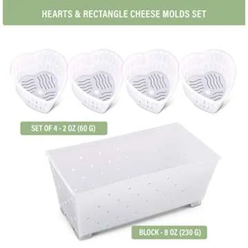 Cheese Molds for Cheesemaking Set of 5 | Made in Italy | Rectangular and Heart Shaped Cheese Baskets Kit for Making Fresh Cheeses | Strainer for Cream Cheese, Feta, Mascarpone, Paneer, Goat Chevre