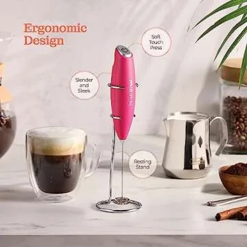 Powerful Handheld Milk Frother, Mini Milk Foamer, Battery Operated (Not included) Stainless Steel Drink Mixer with Frother Stand for Coffee, Lattes, Cappuccino, Frappe, Matcha, Hot Chocolate.