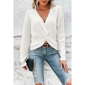 Kisscynest Cute Cropped Sweaters for Women Deep V Neck Long Sleeve Pullover Sweater Tops Casual Twist Criss Cross Wrap Sweater Jumpers White Large