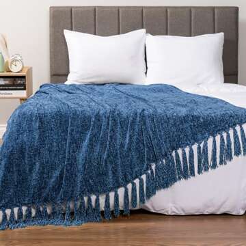 PAVILIA Blue Throw Blanket for Couch, Twin Size Bed, Chenille Blanket for Sofa Bed, Soft Knit Woven ...