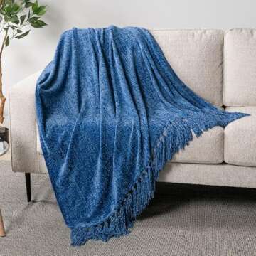 PAVILIA Blue Throw Blanket for Couch, Twin Size Bed, Chenille Blanket for Sofa Bed, Soft Knit Woven Blanket with Tassel, Decorative Textured Blanket for Living Room, Blue 60x80
