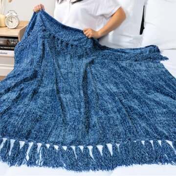 PAVILIA Blue Throw Blanket for Couch, Twin Size Bed, Chenille Blanket for Sofa Bed, Soft Knit Woven Blanket with Tassel, Decorative Textured Blanket for Living Room, Blue 60x80