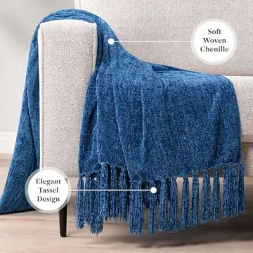 PAVILIA Blue Throw Blanket for Couch, Twin Size Bed, Chenille Blanket for Sofa Bed, Soft Knit Woven Blanket with Tassel, Decorative Textured Blanket for Living Room, Blue 60x80