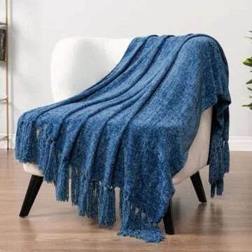 PAVILIA Blue Throw Blanket for Couch, Twin Size Bed, Chenille Blanket for Sofa Bed, Soft Knit Woven Blanket with Tassel, Decorative Textured Blanket for Living Room, Blue 60x80
