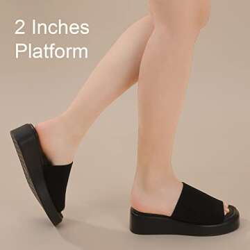Leevar Women's Black Platform Slides Sandal, Size 9, Memory Foam Padded, Wide Feet Friendly, Casual