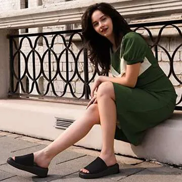 Leevar Women's Black Platform Slides Sandal, Size 9, Memory Foam Padded, Wide Feet Friendly, Casual