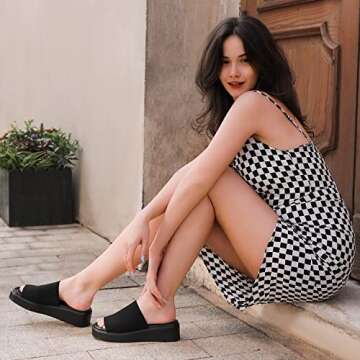 Leevar Women's Black Platform Slides Sandal, Size 9, Memory Foam Padded, Wide Feet Friendly, Casual