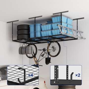 FLEXIMOUNTS 4x8 Overhead Metal Garage Storage Rack w/Hooks Adjustable Ceiling Storage Rack, 96" Leng...