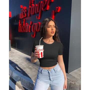 OQQ Womens 2 Piece Shirts Short Sleeve Crew Neck Ruched Stretch Fitted Tee Shirts Crop Tops Black Grey