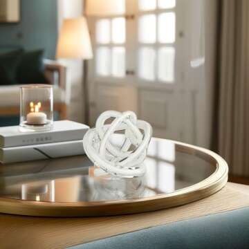 Torre & Tagus Orbit Hand Blown Glass Infinity Knot Sculpture - 3 Inch Glass Art White Knot Decor Ball for Home Decor, Small Centerpiece Table Decoration for Home Interior (Solid White)