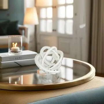 Torre & Tagus Orbit Hand Blown Glass Infinity Knot Sculpture - 3 Inch Glass Art White Knot Decor Ball for Home Decor, Small Centerpiece Table Decoration for Home Interior (Solid White)